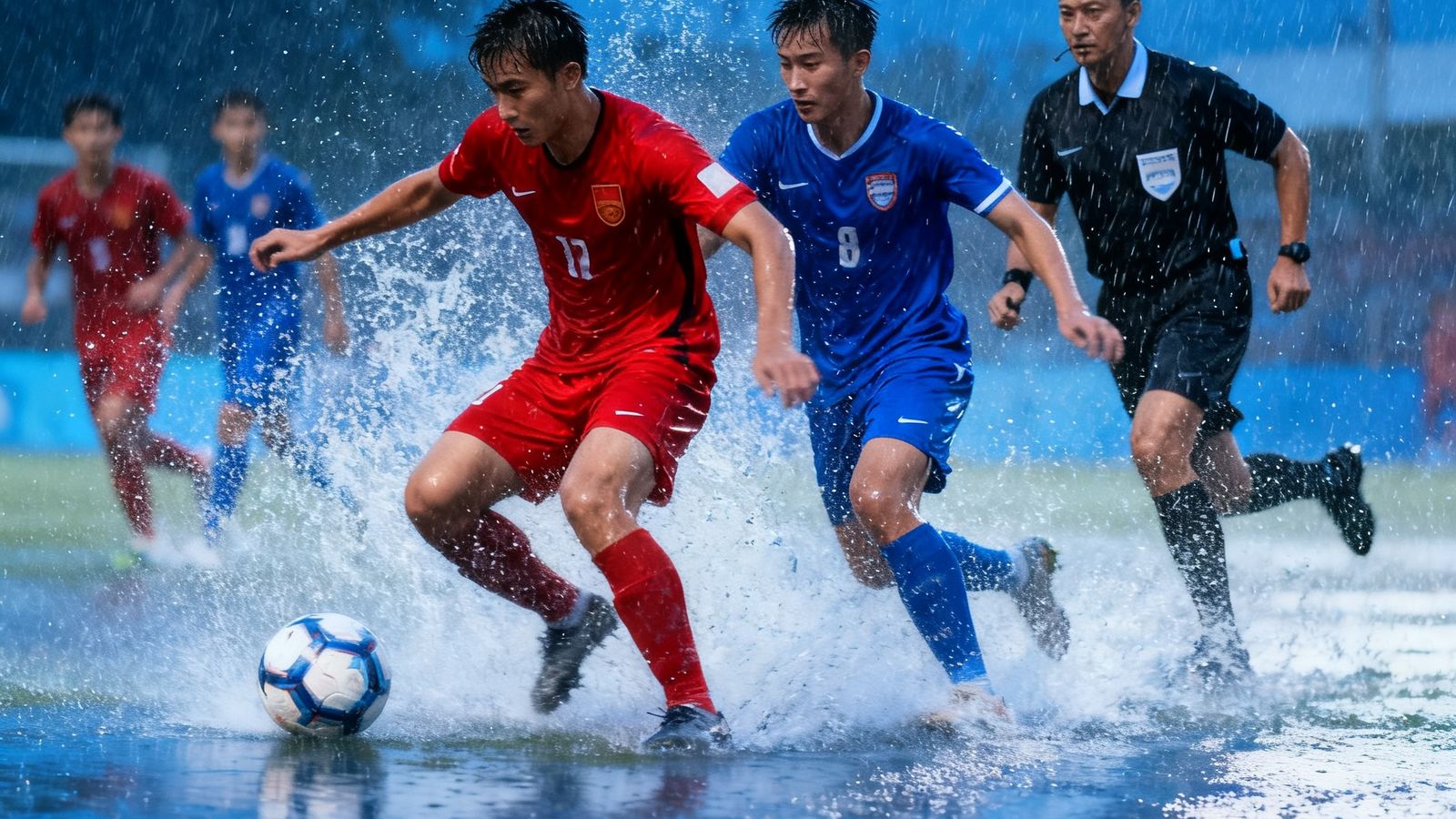 英超联赛焦点战封面图，红蓝两队球员在雨中进行激烈拼抢，水花四溅，裁判紧跟在旁观察局势