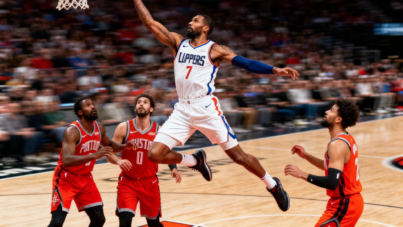 NBA常规赛精彩瞬间封面图，一名球员在空中闪转腾挪完成高难度拉杆上篮，防守球员三人包夹仍无法阻止得分