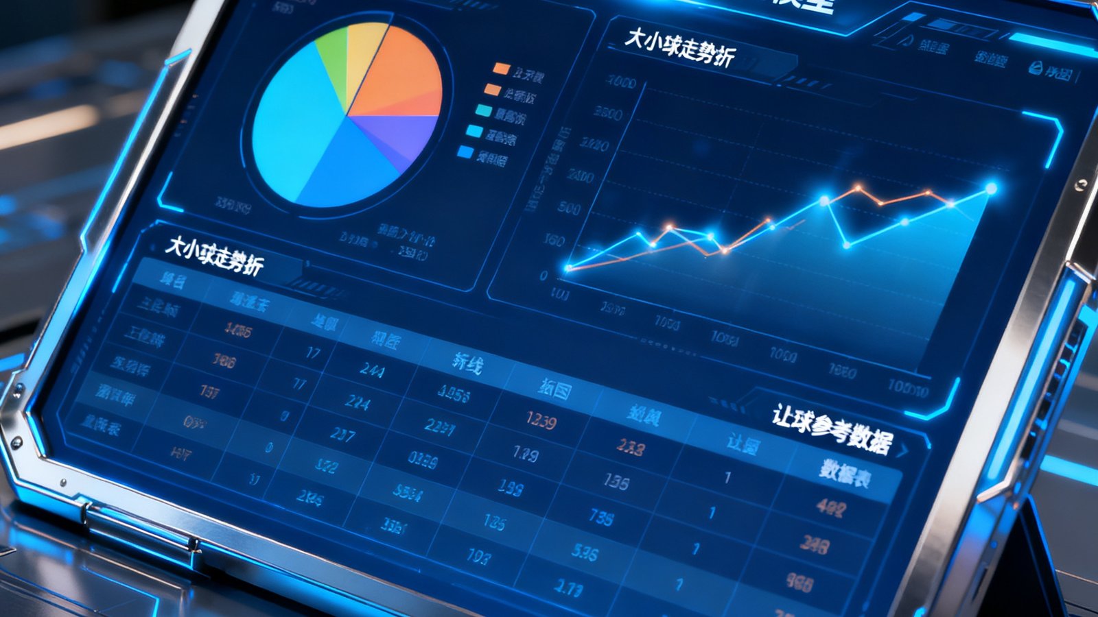 AI智能预测模型界面截图，展示了一场焦点战的胜平负概率分布饼图、大小球走势折线图以及让球参考数据表，界面设计科技感十足