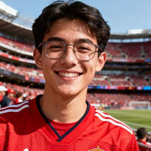 一位戴眼镜的年轻男性球迷头像照片，他穿着红色球队球衣，面带微笑，背景是球场看台